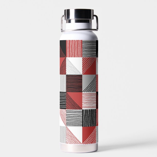 Moderne Karos mit Linien, Schwarz, Rot, Weiß, Grau Trinkflasche (Rückseite)