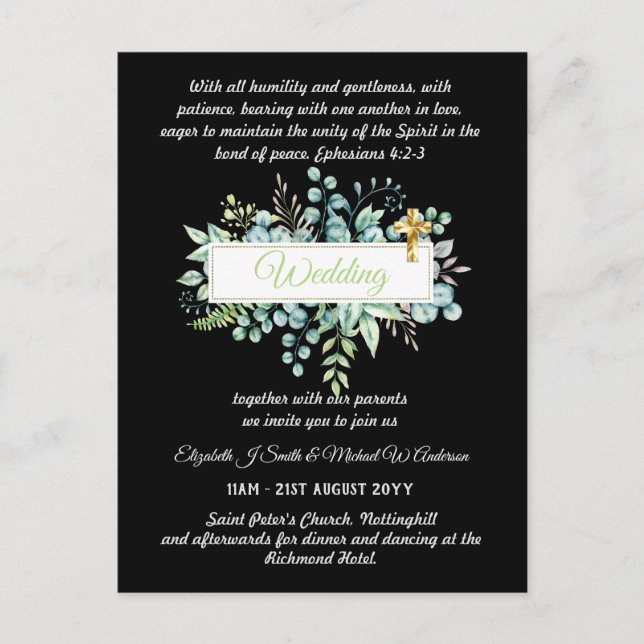 Moderne katholische Hochzeitseinladungen Botanisch Postkarte (Vorderseite)
