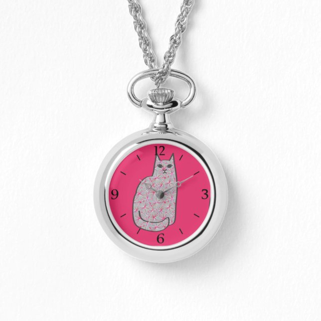 Moderne Katze, Grau und Fuchsienrosa aus dem Mitte Armbanduhr (Vorderseite)