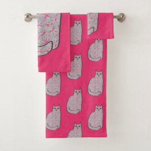 Moderne Katze, Grau und Fuchsienrosa aus dem Mitte Badhandtuch Set