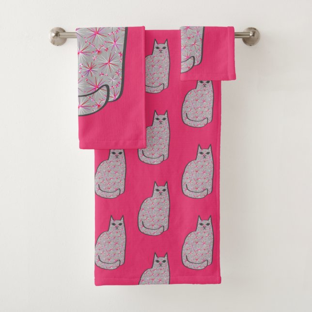 Moderne Katze, Grau und Fuchsienrosa aus dem Mitte Badhandtuch Set (Insitu)