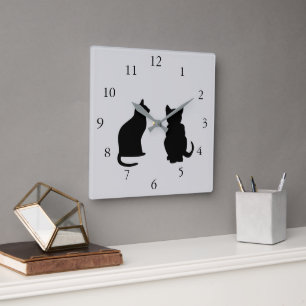 Moderne Katzen-Silhouetten, Haustiere auf grauem Quadratische Wanduhr
