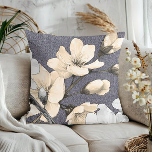 Moderne Kirschblüten auf grauem Denim Kissen