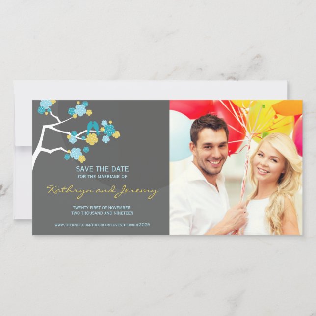 Moderne Kirschblüten lieben Vögel Save the Date (Vorderseite)
