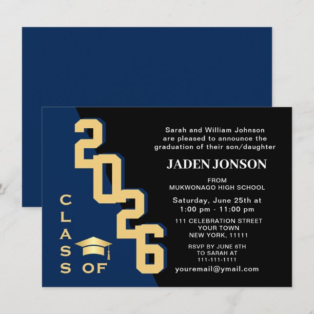 Moderne Klasse 2023 Goldene Marine Graduation Part Einladung (Vorne/Hinten)