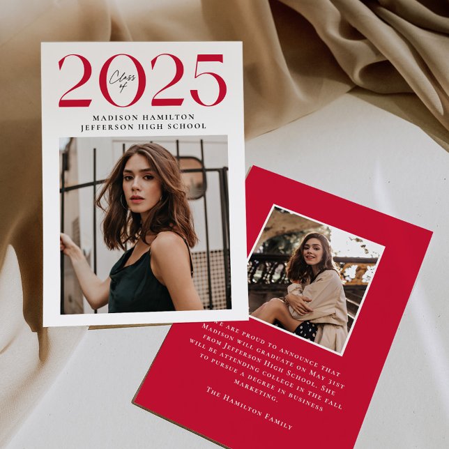 Moderne Klasse 2025 Red 2 Foto Abschluss Ankündigung (Von Creator hochgeladen)