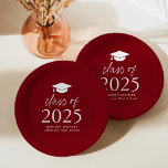 Moderne Klasse 2025 Script Burgundy Abschluss Pappteller<br><div class="desc">Fügen Sie Ihrer Abschlussfeier eine personalisierte Touch mit diesen modernen Abschluss-Papier-Tellern hinzu! Die Teller aus Papier verfügen über eine Graduierungskappe oben im Design, die auf bordeauxrotem Hintergrund in fett weißem Schriftsatz "Klasse 2025" dargestellt ist. Personalisieren Sie die burgundy Abschluss Teller mit dem Namen, Schule und Abschluss Jahr. Dieses Design eignet...</div>