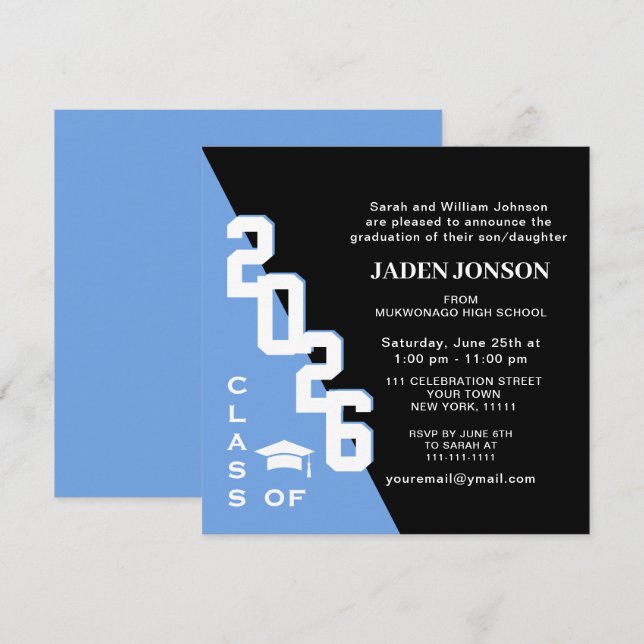 Moderne Klasse der Blue Black Graduation Party 202 Einladung (Vorne/Hinten)