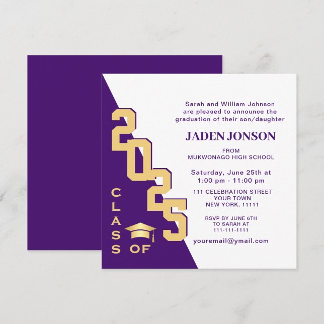 Moderne Klasse der Gold Lila Graduation Party 2022 Einladung (Vorne/Hinten)