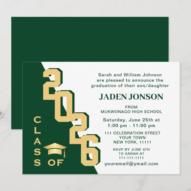 Moderne Klasse der Golden Green Graduation Party 2 Einladung (Vorne/Hinten)