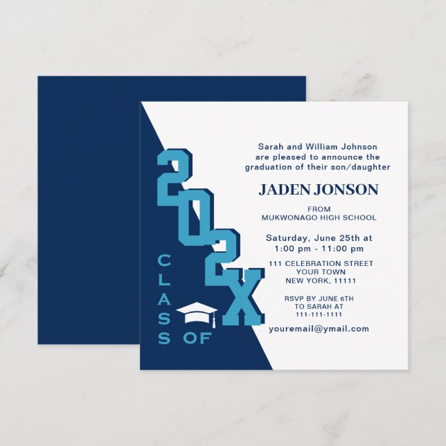 Moderne Klasse der Navy Blue Graduation Party 2025 Einladung (Vorne/Hinten)