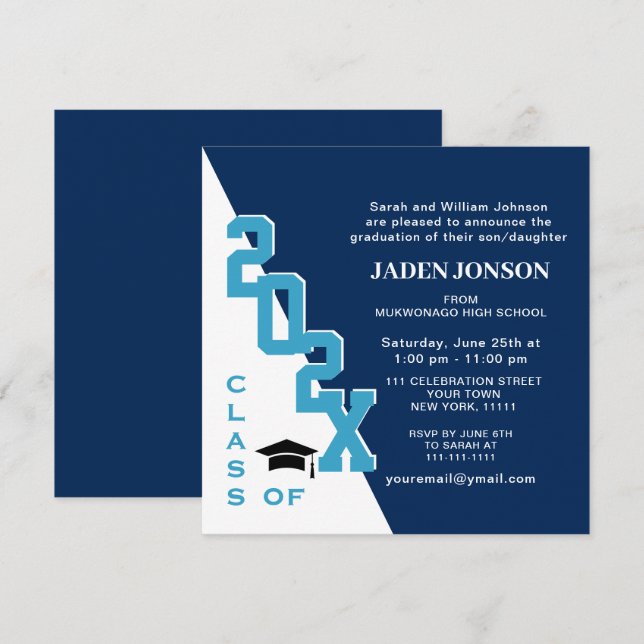 Moderne Klasse der Navy Blue Graduation Party 2025 Einladung (Vorne/Hinten)