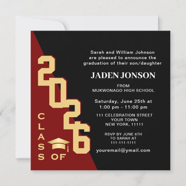 Moderne Klasse der Red Black Graduation Party 2025 Einladung (Vorderseite)