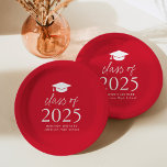 Moderne Klasse des Roten Abschlusses 2025 Pappteller<br><div class="desc">Fügen Sie Ihrer Abschlussfeier eine personalisierte Touch mit diesen modernen Abschluss-Papier-Tellern hinzu! Die Teller aus Papier verfügen über eine Graduierungskappe oben im Design, die auf einem roten Hintergrund in fett weißer Schrift "Klasse 2025" dargestellt ist. Personalisieren Sie die roten Abschluss Teller mit dem Namen, Schule und Abschluss Jahr. Dieses Design...</div>