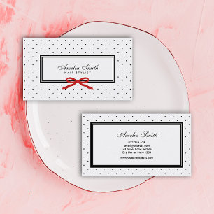 Moderne Klassik Schwarz-weiß Polka Dot Red Ribbon Visitenkarte