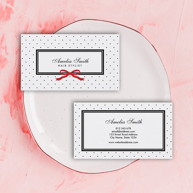 Moderne Klassik Schwarz-weiß Polka Dot Red Ribbon Visitenkarte (Von Creator hochgeladen)