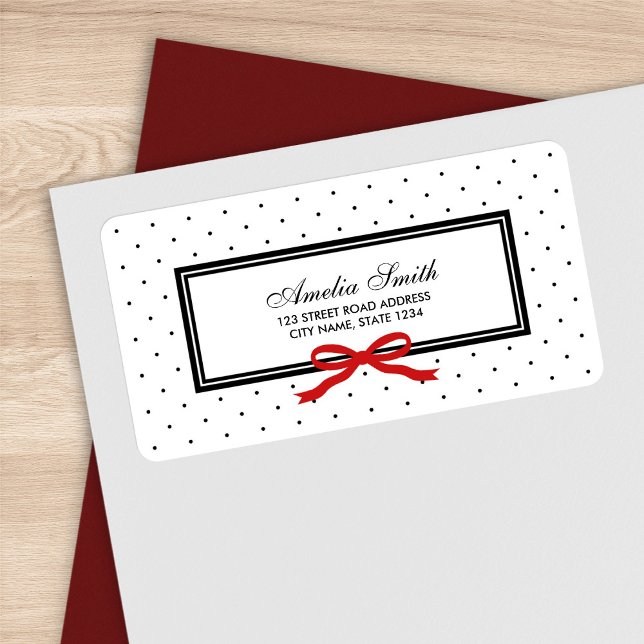 Moderne klassische Black Polka Dot Red Ribbon-Adre Adressaufkleber (Von Creator hochgeladen)