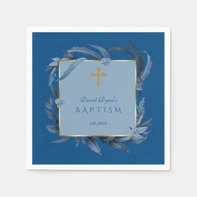 Moderne klassische Blue-Gold-Cross-Taufe Serviette (Vorderseite)