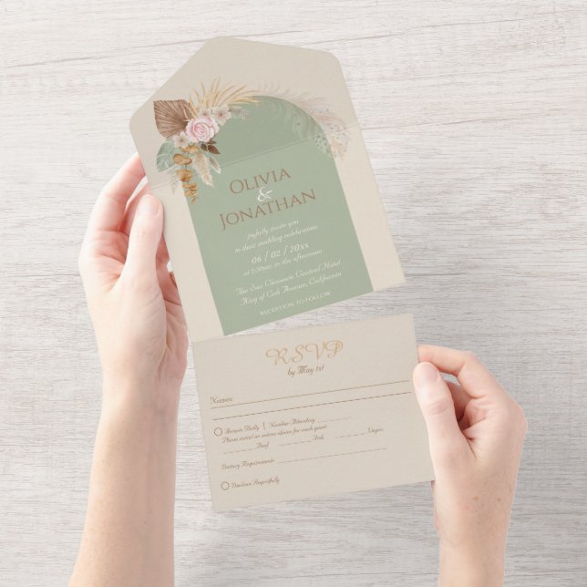 Moderne klassische Boho Rustikale Beige-Münzprägun All In One Einladung (Abreißen)