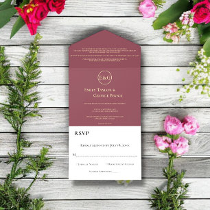 Moderne klassische Burgundy Gold Monogram Chic Wed All In One Einladung