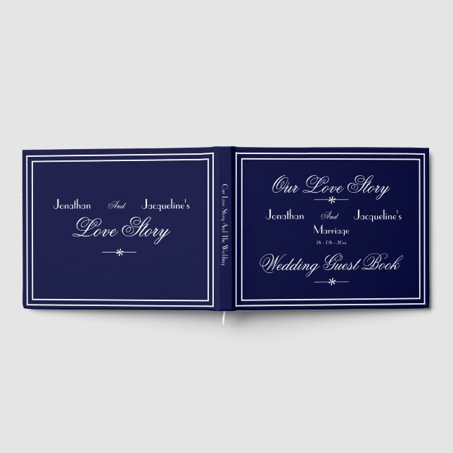 Moderne klassische Chic Script Navy Blue Wedding Gästebuch (Voll)