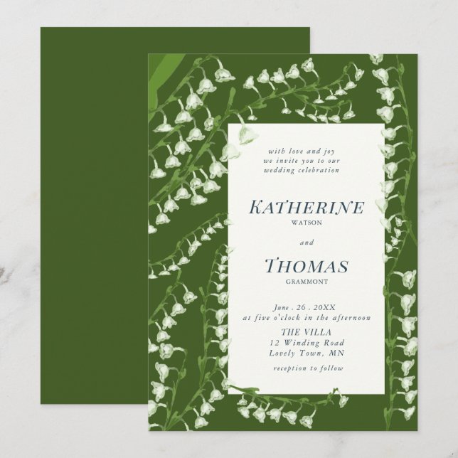 Moderne klassische Flora Lily Valley Hochzeit Einladung (Vorne/Hinten)