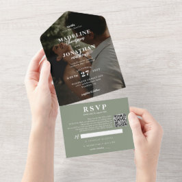 Moderne Klassische Foto Sage Green QR Code Hochzei All In One Einladung