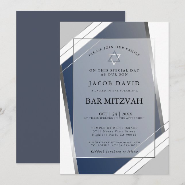 Moderne klassische Geometrie Blue Silver Bar Mitzv Einladung (Vorne/Hinten)