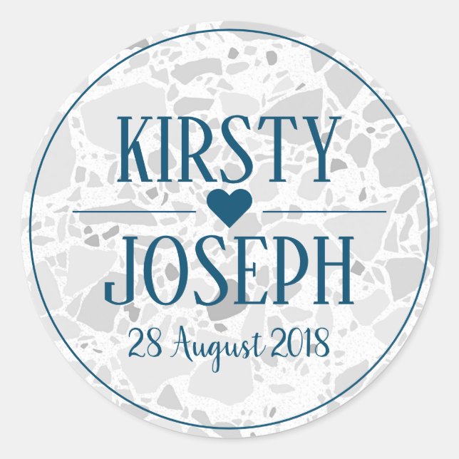 Moderne klassische Gray Terrazzo Blue Wedding Stic Runder Aufkleber (Vorderseite)