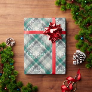 Moderne klassische grüne Karo-Frohe Weihnachten-Fe Geschenkpapier