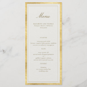 Moderne klassische Hochzeit mit falschem Gold und Menükarte