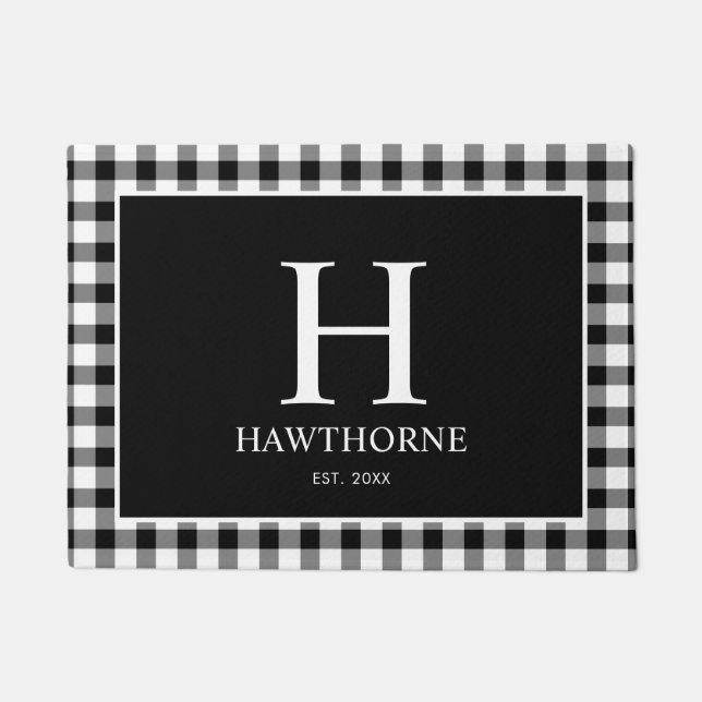 Moderne klassische Monogramm-Gingham-Karo Fußmatte (Vorderseite)