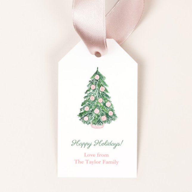 Moderne klassische Rosa Grün frohe Weihnachtsfeier Geschenkanhänger (Elegant pink and white chinoiserie decorated holidays tree merry christmas gift tags)
