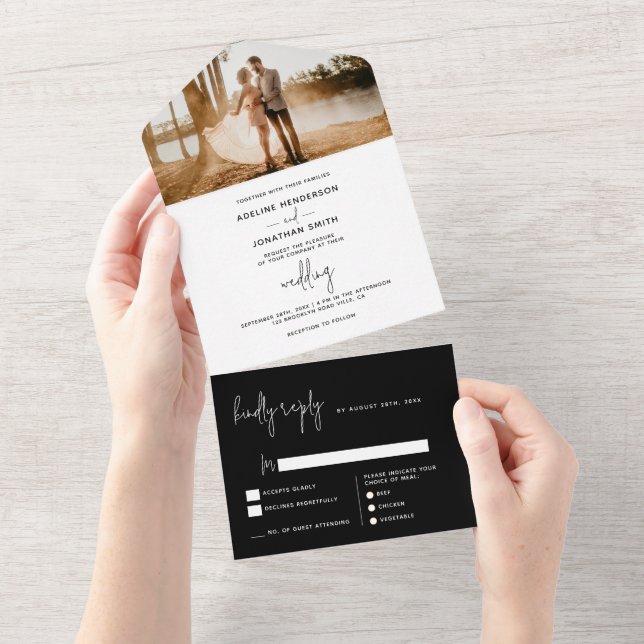 Moderne, klassische Schwarz-Weiß-Foto-Hochzeit All In One Einladung (Abreißtisch)