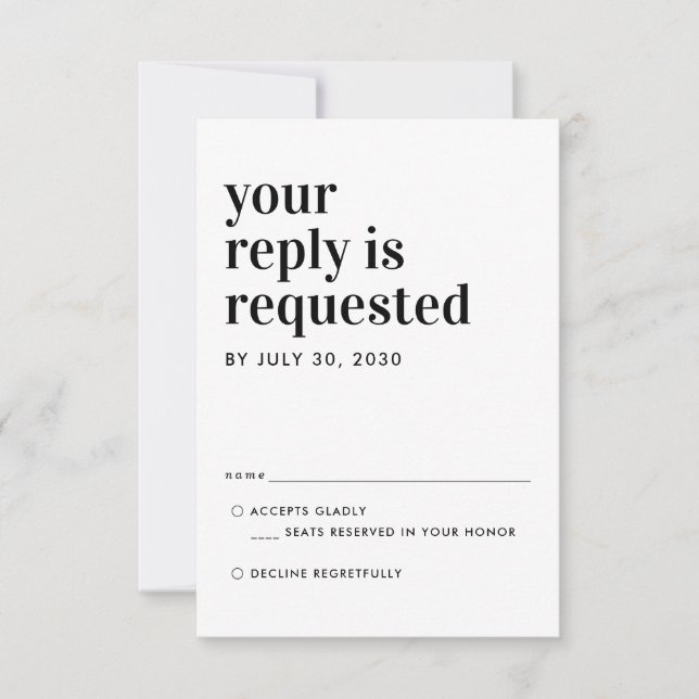 Moderne klassische Typografie-Antwort Hochzeitssze RSVP Karte (Vorderseite)