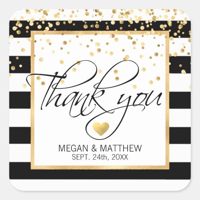 Moderne klassische White Black & Gold Hochzeit Vie Quadratischer Aufkleber (Vorderseite)