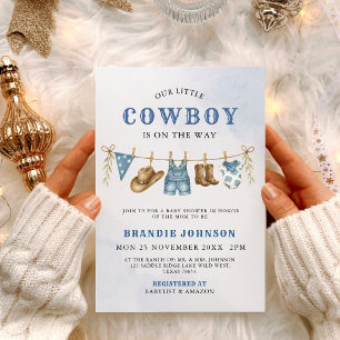 Moderne kleine Cowboy-Baby-Party mit Wäscheleine Einladung