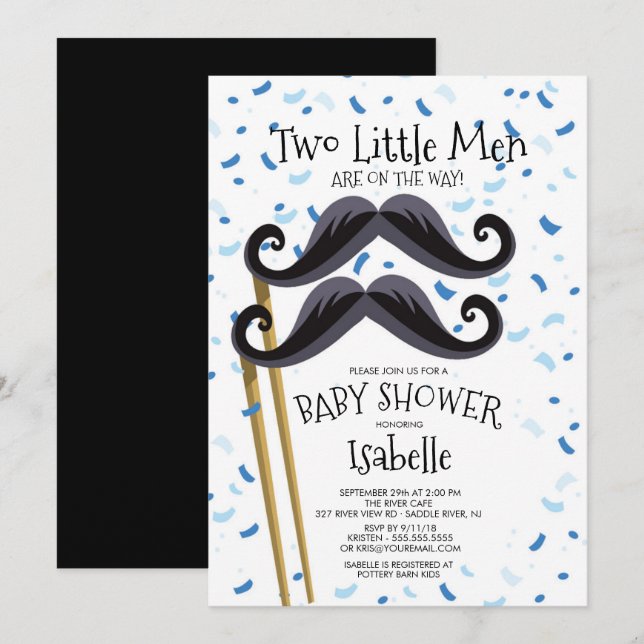 Moderne Kleine Männer Mustache Twins Kinderdusche Einladung (Vorne/Hinten)