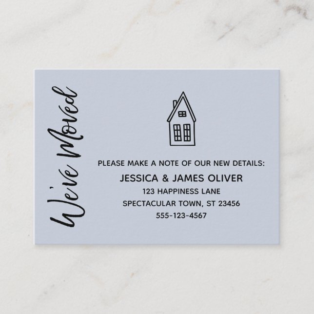Moderne, kleine "We ve Moved" Dusty Blue Card Visitenkarte (Vorderseite)
