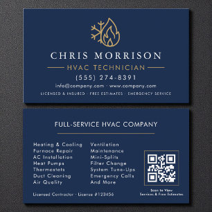 Moderne Klimaanlage Navy Blau Gold QR-Code Visitenkarte