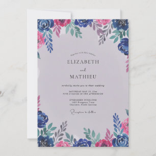 Moderne Kobalt-Magenta-Blüten-Hochzeit Einladung