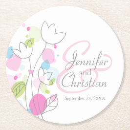 Moderne Konfetti Blume Name Datum Hochzeit Unterse Runder Pappuntersetzer