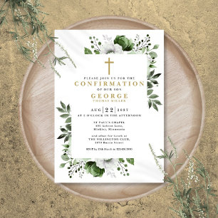 Moderne Konfirmation mit olivgrünem Blumenmuster Einladung