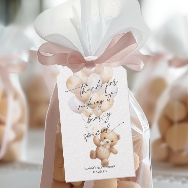 Moderne können wir frühzeitig auf eine neutrale Du Geschenkanhänger (Beige We Can Bearly Wait, Teddy Bear Gender Neutral baby Shower Favor Tags.)