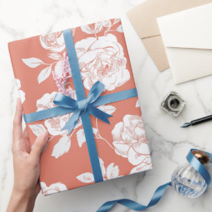 Moderne Korallen-Rosa Weiße Blumige Musterung Geschenkpapier