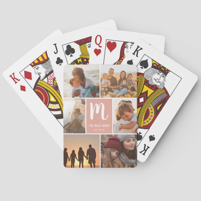 Moderne Korallenfamilie Monogramm Foto Collage Spielkarten (Rückseite)