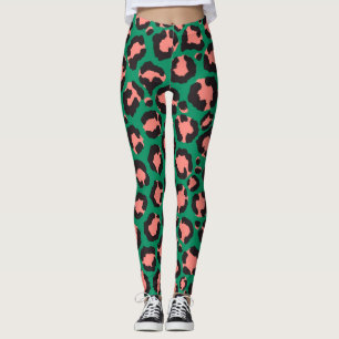 Moderne Korallenrosa Schwarzer Grüner Leopard Tier Leggings