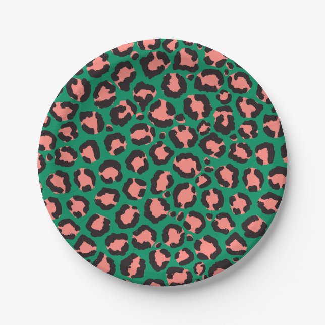 Moderne Korallenrosa Schwarzer Grüner Leopard Tier Pappteller (Vorderseite)
