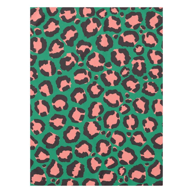 Moderne Korallenrosa Schwarzer Grüner Leopard Tier Tischdecke (Vorderseite)