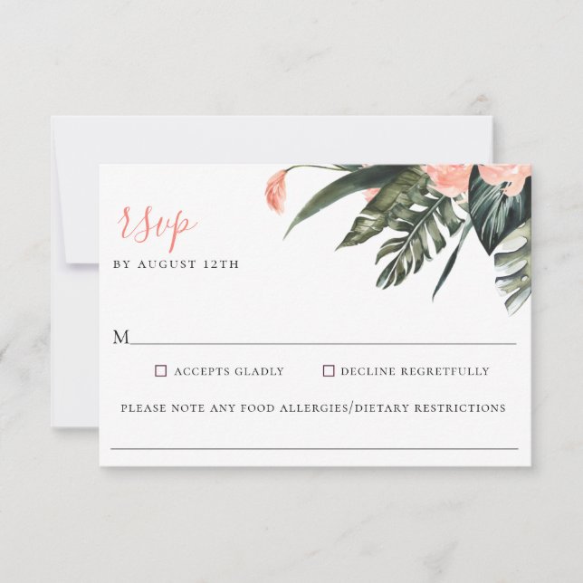 Moderne Korallentropen HochzeitFood Allergie UAWG RSVP Karte (Vorderseite)